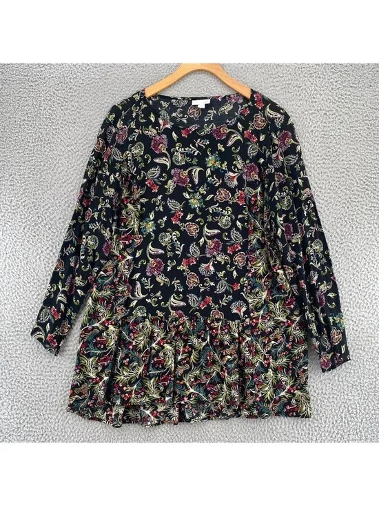 J Jill Top Womens Medium Black Multi Floral Tunic Long Sleeves Pullover Blouse - Picture 1 of 10